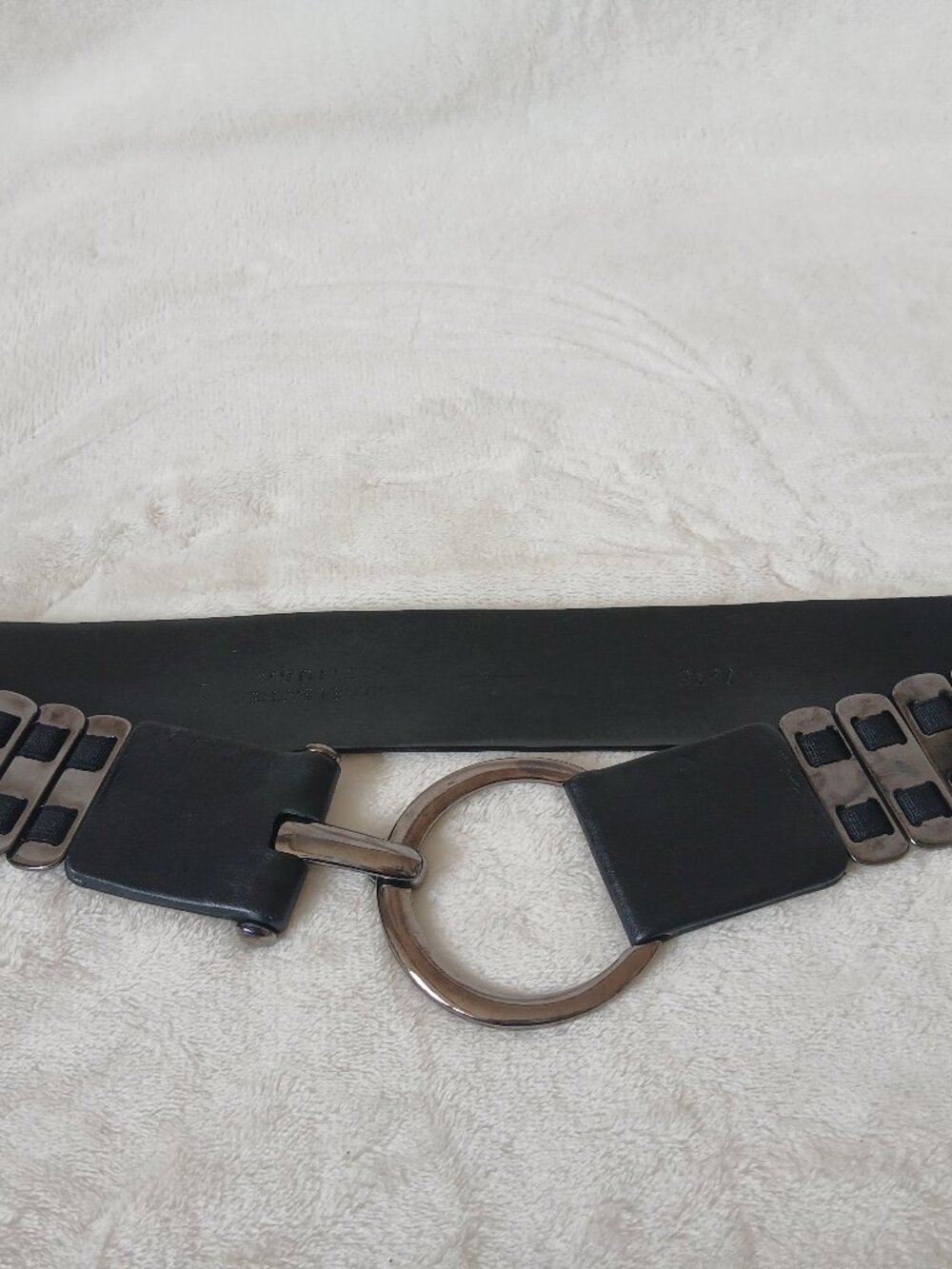 SANDY DUFTLER Belt Shiny Gunmetal Pieces Black Leather Stretch Elastic Sz L